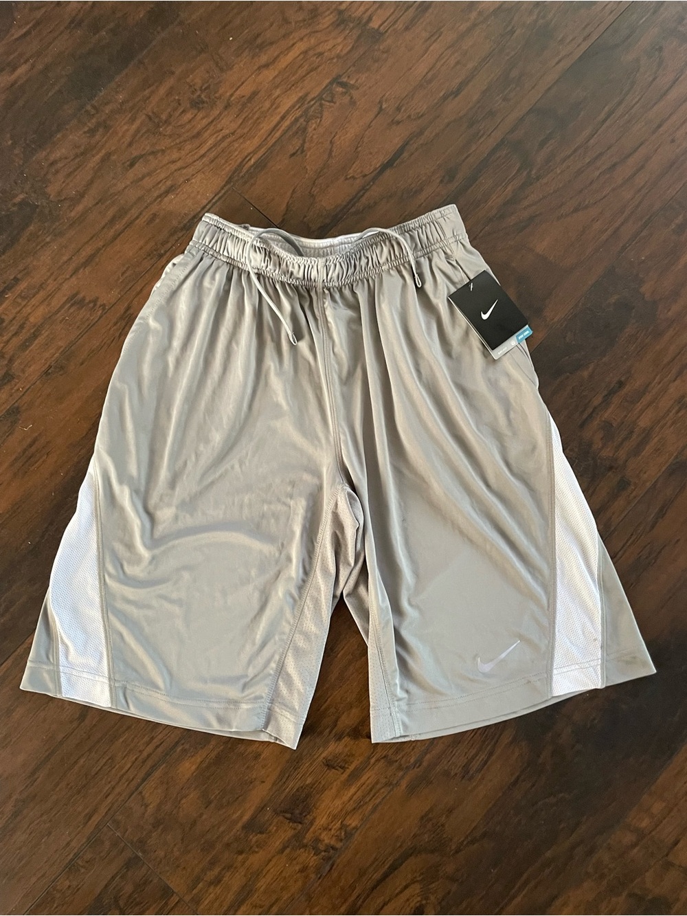 Nike Men’s Light Gray Athletic Basketball Shorts with White Side Panels